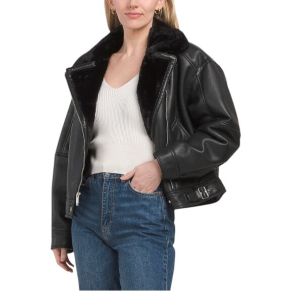 BCBGMAXAZRIA Missy Asymmetrical Zip Faux Shearling Lined Biker Jacket - Picture 1 of 2